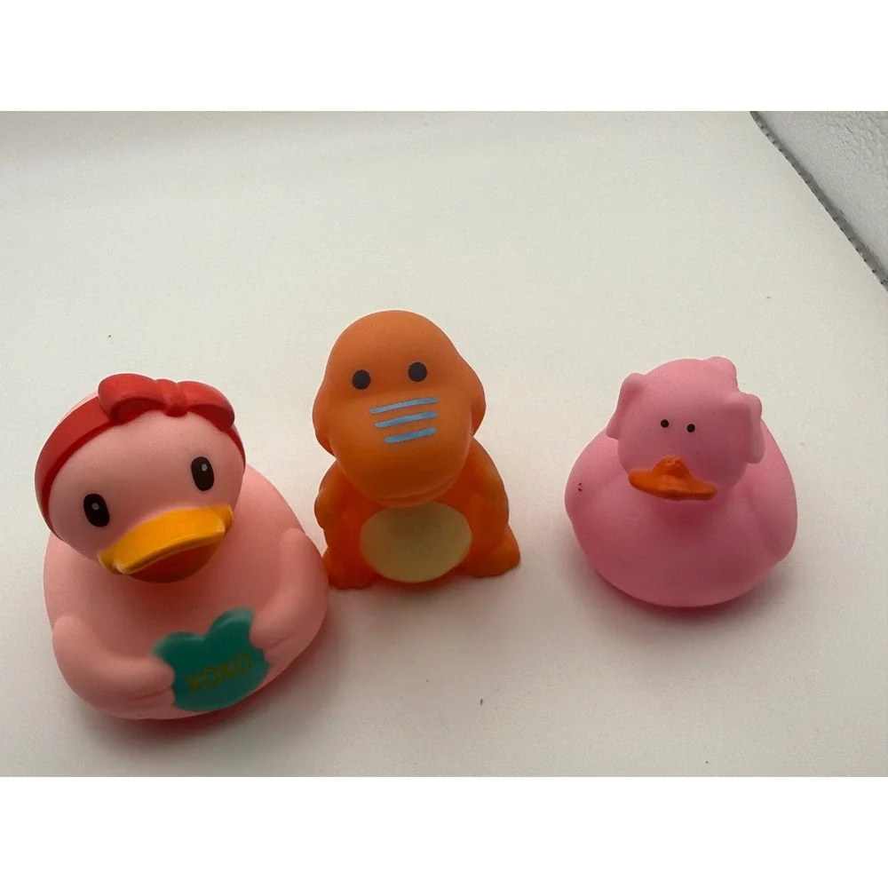 Infantino Rubber Bath Toy Set Pink XOXO Duck Orange Dinosaur Pink Pig Duck 3pc
